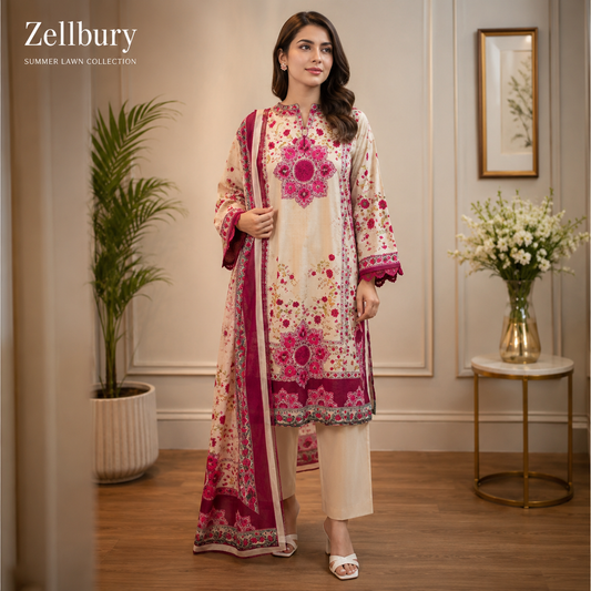 Zelbury Premium Summer Lawn Collection – 3 Piece Designer Suit