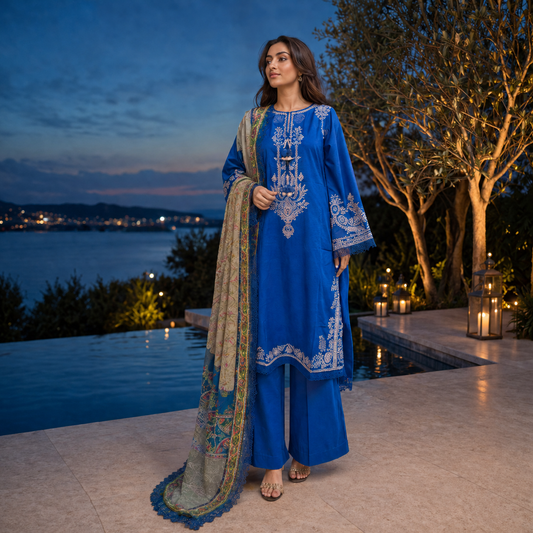 Junaid Jamshed Women's Summer Collection – Royal Azure Embroidered 3-Piece