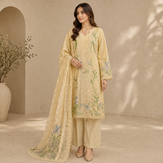 Maria B Women's Embroidered 3-Piece Suit – Pastel Ivory