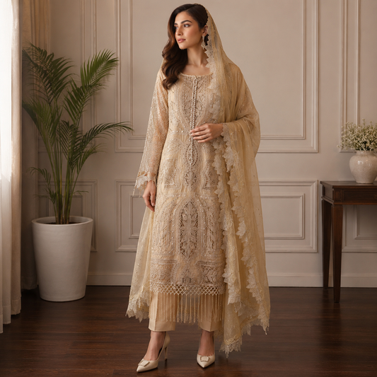 Maria B. Luxury Embroidered 3-Piece Suit – Champagne Gold