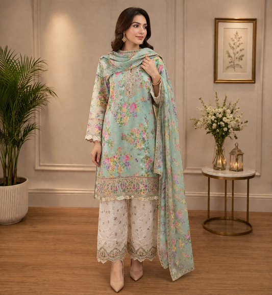 Ethinic collection with Farshi Shalwar (Party Wear – 3 Piece Suit)